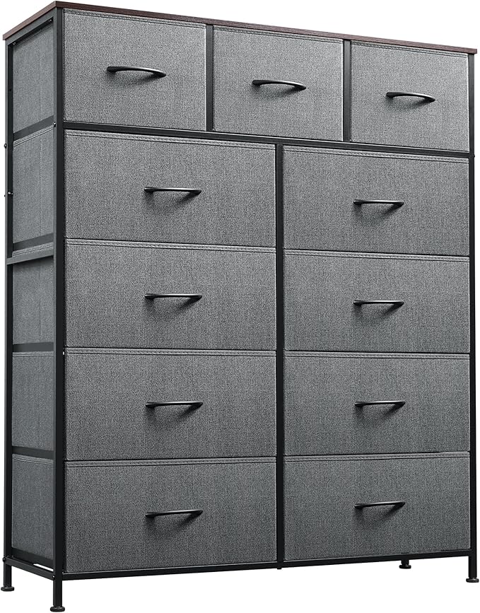 WLIVE Storage Organizer Unit with 11 Fabric Bins, Storage Drawers Organizer with Steel Frame, Tall Storage Tower Organizaton for Living Room, Hallway, Office, Light Grey