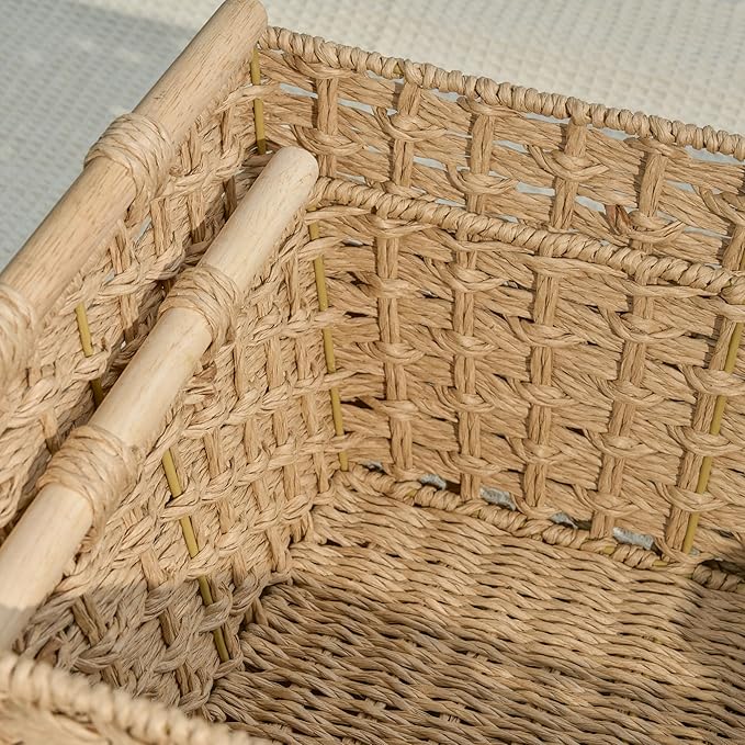 Isidore Paper Rope Woven Rectangular Multi-Use Baskets, 16.9" x 12.9" x 8.6", 14.5" x 11.8" x 5.5", Natural Brown