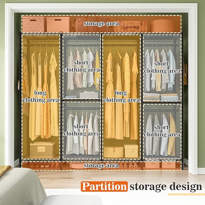 Raybee Clothes Rack Heavy Duty Clothing Racks for Hanging Clothes Loads 1100LBS, Garment Rack Freestanding for Bedroom, 75" H x 75" W x 15.7" D, Black