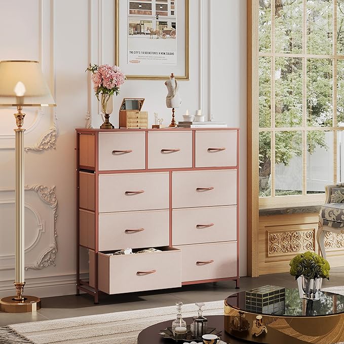 WLIVE 9-Drawer Dresser, Fabric Storage Tower for Bedroom, Hallway, Entryway, Closet, Tall Chest Organizer Unit with Fabric Bins, Steel Frame, Wood Top, Easy Pull Handle, Pink