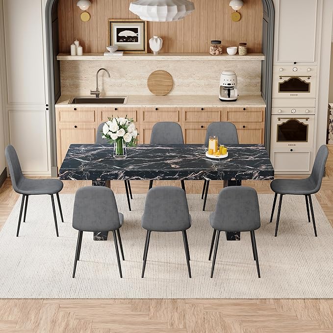 Ebullient Marble Dining Table Set for 8, 79'' Black Kitchen Table Set for 8, 3.5'' Thick Wooden Top with Rectangle Heavy Duty Legs, Modern Dining Table and Upholstered Chairs Set of 8, Marble Grain