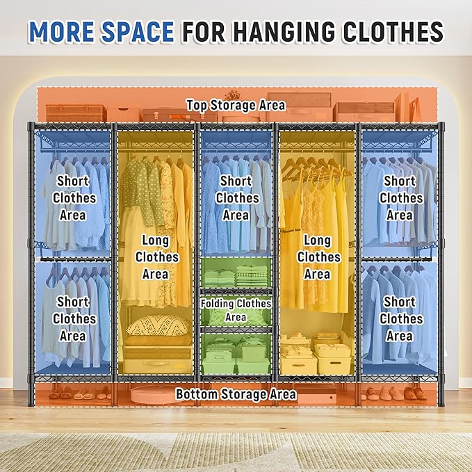 Raybee 88.2" W Clothes Rack Heavy Duty Clothing Racks for Hanging Clothes Loads 1200LBS Freestanding Garment Rack for Bedroom 88.2" W x 75.6" H x 15.7" D, Black