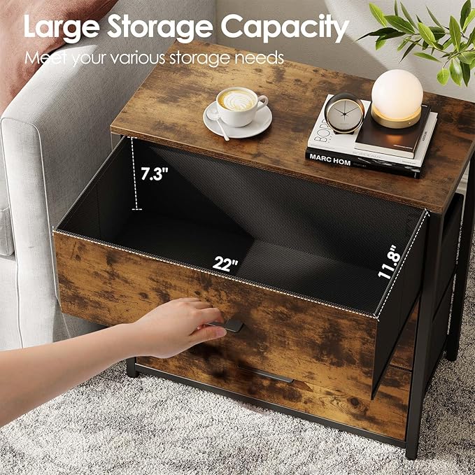 Nightstand, End Table, Bedside Table, Small Tall Dresser for Bedroom with 3 Storage Drawer, Chest of Drawers Fabric Dressers with Steel Frame, Wooden Top & Front for Living Room