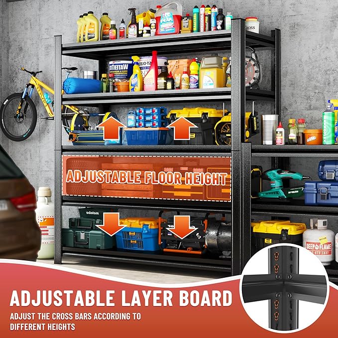 63" Tall Heavy Duty Metal Shelf Unit, 2000 lbs Capacity,Tool Free Assembly, All Steel Construction for Garage, Warehouse, Basement (Black, 39.4''W x 19.7''Dx 63" H)