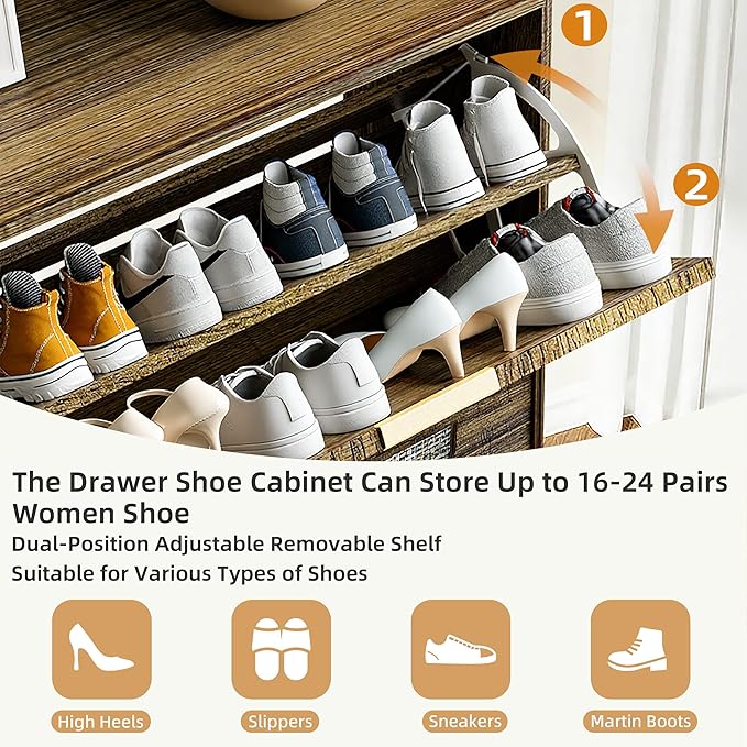 Large Shoe Cabinet Storage for Entryway Hidden Rattan Shoe Cabinet with 4 Flip Drawers Freestanding for Entryway,Hallway Rustic Oak Rattan