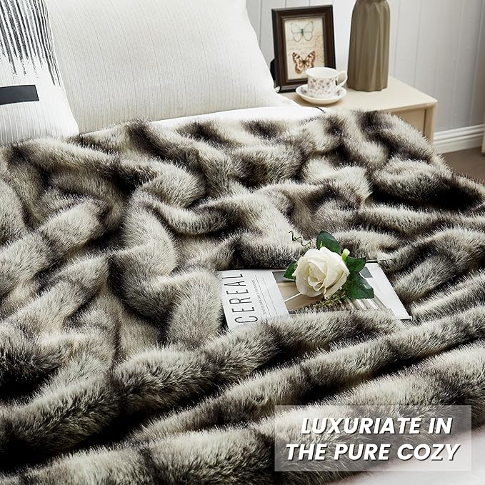 JONIYEAR High-end Premium Fuzzy Faux Wolf Fur Throw Blanket 50" x 60", Luxury Cozy Accent Thick Animal Skin Fluffy Fox Blanket for Couch Sofa, Soft Warm Gray Bear Furry Blankets for Winter, Black Grey