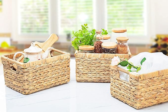 Natural Water Hyacinth storage basket with Handle, Rectangular Organizing Basket for Organizing, Decorative Wicker Storage Bins for Living Room, Medium Wicker Baskets - 3 Pack Medium