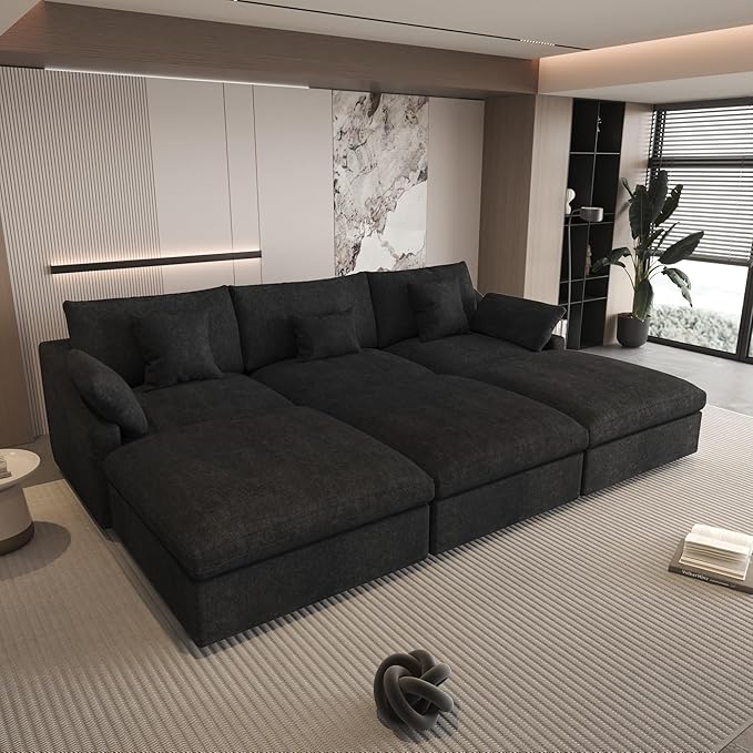 Could Couch Modular Sectional Sofa with Ottoman,Down Filled 120inch U Shaped Couch,Convertible Sofa Bed Living Room Set,6 Seat Sleeper Couched Bed, Cover Washable and Replaceable,Black