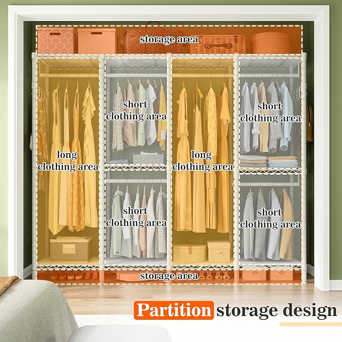 Raybee Clothes Rack Heavy Duty Clothing Racks for Hanging Clothes Loads 1100LBS, Garment Rack Freestanding for Bedroom, 75" H x 75" W x 15.7" D, White