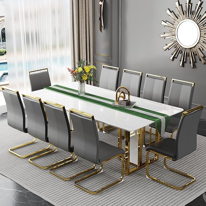 79-inch Modern Dining Table Set for 10 with 1.8 Inch Faux Marble Table Top & 10 PU Leather Chairs, White Luxury Kitchen and Dining Room Furniture Set