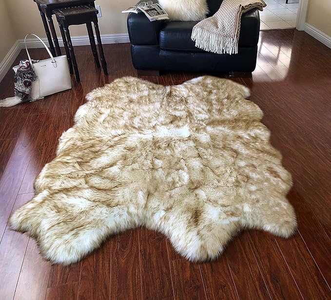Free Shape Luxury Soft Fluffy Shag Area Rug Single Quarto 4 Pelts 4'x6',120x180 cm - Vegan Fur Ultra Soft Indoor Carpet Nursery Rugs for Bedroom Home Decor, White with Brown Tips