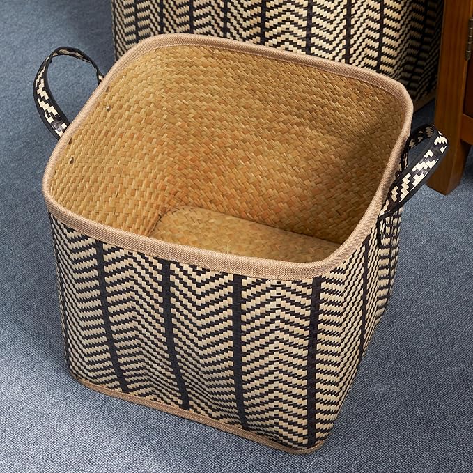 Set of 2 Isidore Square Palm Leaf Woven Wicker Storage Baskets with Handles (14"x14"x15" and 16"x16"x17" - Black-Brown) - Perfect for Halloween, Thanksgiving, and Home Organization