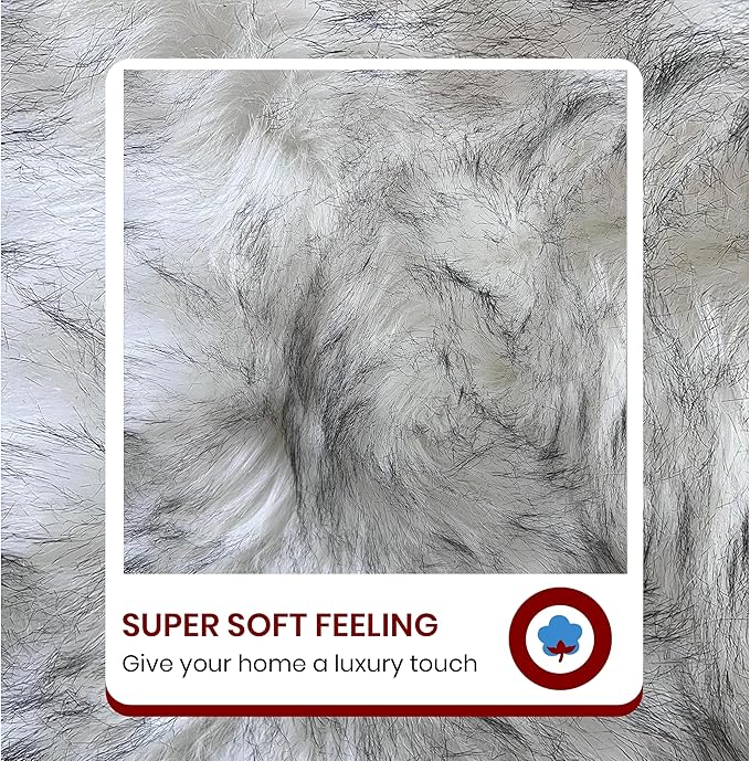 Free Shape Luxury Soft Fluffy Shag Area Rug Double Side by Side 3'x4', 90x120cm - Vegan Fur Ultra Soft Indoor Carpet Nursery Rugs for Bedroom Home Decor, White with Black Tips