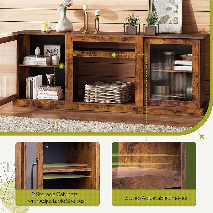 WLIVE Farmhouse TV Stand for 75 inch TV, Entertainment Center with Storage Cabinets, Mid Century Modern TV Console for Living Room, Bedroom, Rustic Brown