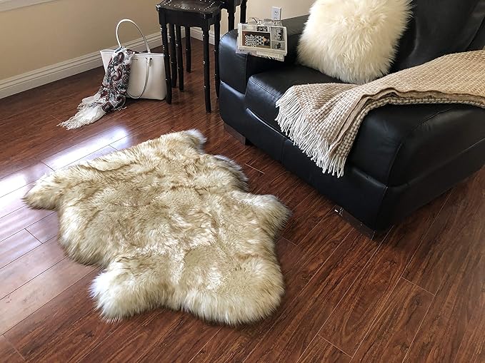 Free Shape Luxury Soft Fluffy Shag Area Rug Single 2’x3’, 60x90cm - Vegan Fur Ultra Soft Indoor Carpet Nursery Rugs for Bedroom Home Decor, White with Brown Tips