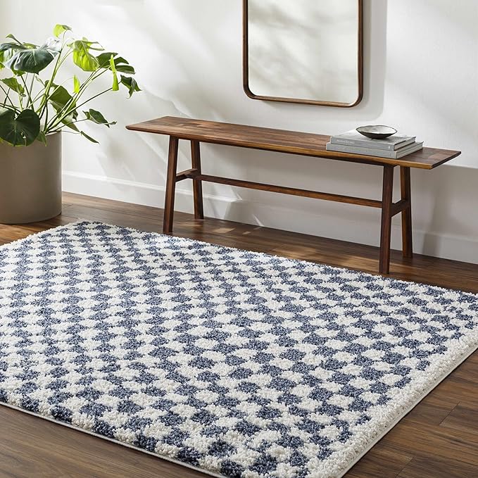Hauteloom Kieu Hallway, Kitchen Runner Rug - Contemporary - Plush Pile - White, Blue - 2'7" x 7'3"