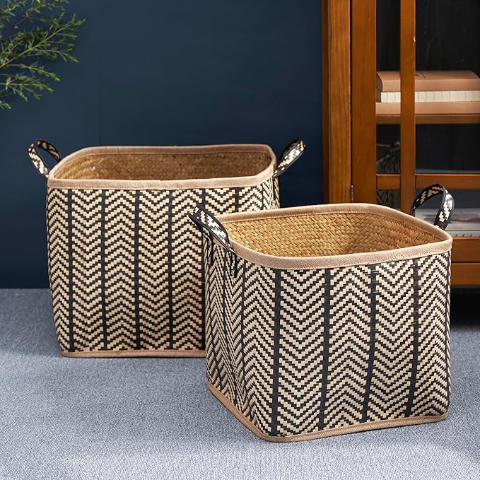 Set of 2 Isidore Square Palm Leaf Woven Wicker Storage Baskets with Handles (14"x14"x15" and 16"x16"x17" - Black-Brown) - Perfect for Halloween, Thanksgiving, and Home Organization