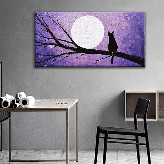 QSQ Cat Wall Art Prints Painting Canvas Art Wall Decor Funny Monet Cat Under The Moonlight Abstract Wall Art Posters Picture For Bedroom Bathroom Office Home Decor Aesthetic 20" × 40"