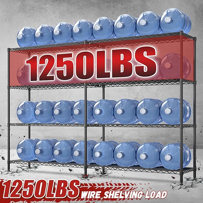 REIBII 69.8" W Storage Shelves 1250LBS Wire Shelving Unit 4 Tier Metal Shelving for Storage Rack Shelves Adjustable Heavy Duty Garage Shelf Pantry Shelves Kitchen Shelving, 69.8"Wx15.8"Dx62.9"H,Black