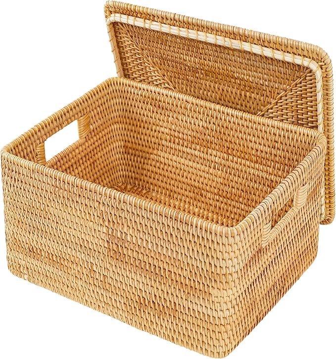 Rattan Basket With Lid,Large Storage Basket Lidded,Rattan Box For Shelf (14.2" L×10.2"W×9.4"H)