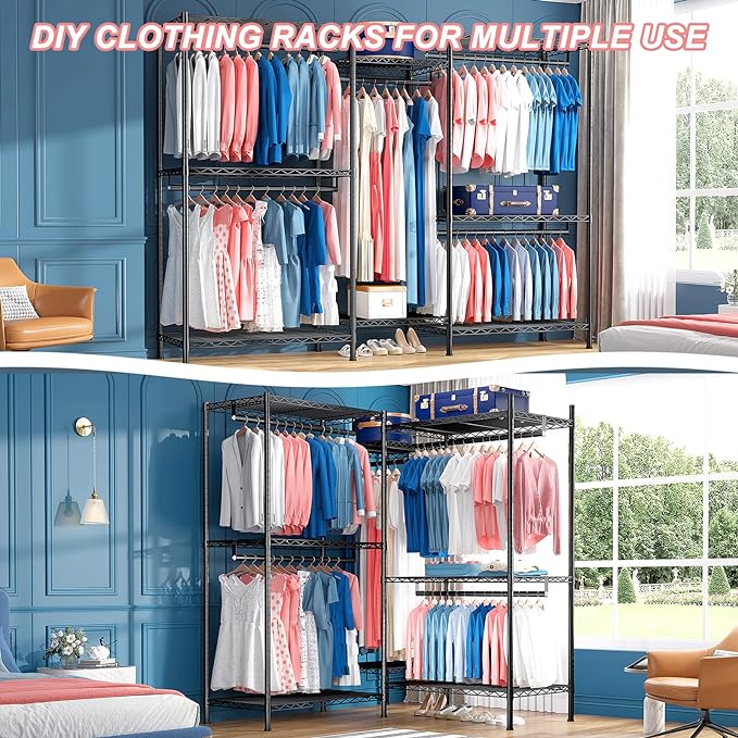 Raybee Heavy Duty Clothes Rack for Hanging Clothes Clothing Rack with Shelves,Portable, Adjustable,Metal,Max Load 900lbs,Black