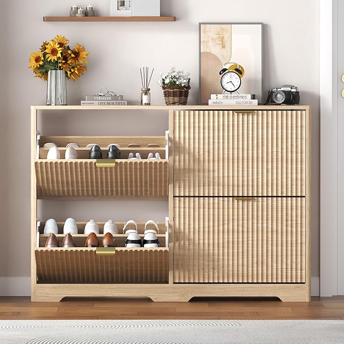 Shoe Cabinet Storage for Entryway with 4 Flip Drawers, Oak Fluted Shoe Cabinet with Adjustable Shelves, Wooden Hidden Shoes Rack Freestanding Narrow Slim Shoes Storage for Hallway, Entrance