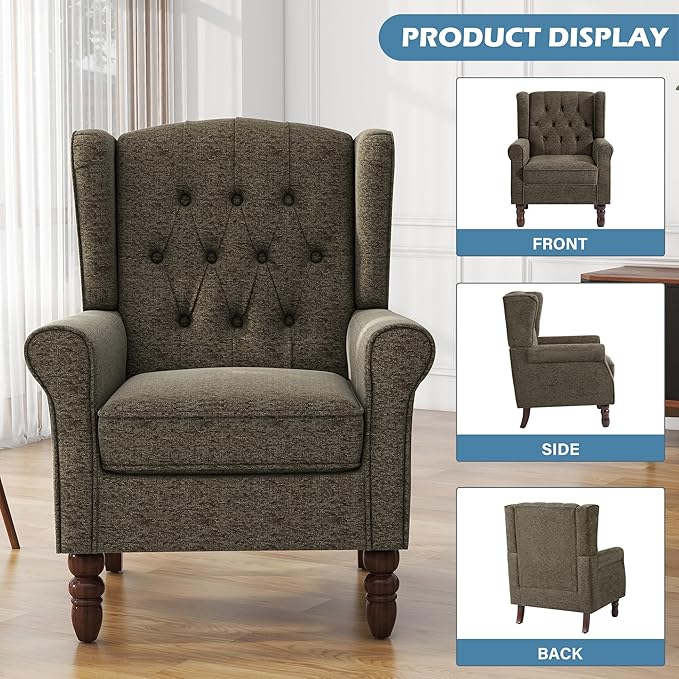UIXE High Back Accent Chair, Fabric Upholstered Armchair Comfy Wingback Arm Club Chair for Living Room, Retro Single Sofa Bedroom Reading Seat with Solid Wood Legs - Taupe