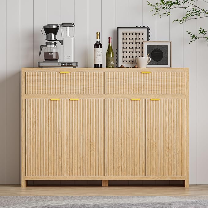 Fluted Sideboard Buffet Cabinet with Storage and Large Drawers, 55" W Credenza Storage Cabinet for Living Room or Entryway, 40'' H Farmhouse Buffet Table with Adjustable Shelves, Console Cabinet