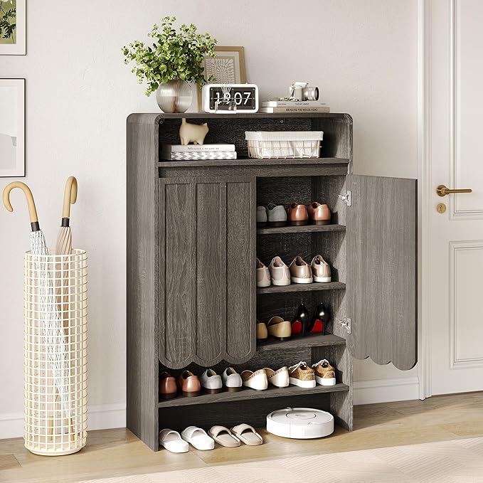 Vabches Shoe Storage Cabinet with Wave Panel Doors, 5-Tier Shoe Cabinet with Adjustable Shelves, 45'' Tall Freestanding Narrow Shoe Organizer for Entryway, Front Door, Hallway, Wood Legs, Gray