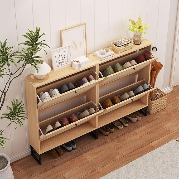 Shoe Cabinet with 2 Flip Drawer Drawer, Modern Shoe Organizer Freestanding Shoe Cabinet Storage, Shoe Storage Shoe Rack for Closet with Linen Doors Drawer in Hallway, Entrance (Natural)