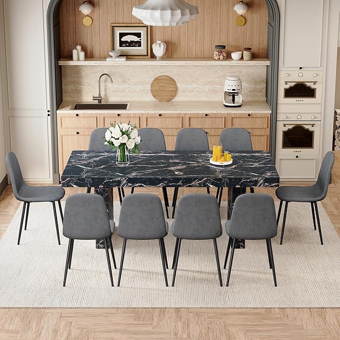 Ebullient Marble Dining Table Set for 10, 79'' Black Kitchen Table Set for 10, 3.5'' Thick Wooden Top with Rectangle Heavy Duty Legs, Modern Dining Table and Upholstered Chairs set of 10, Marble Grain