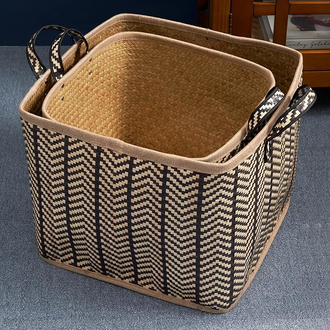 Set of 2 Isidore Square Palm Leaf Woven Wicker Storage Baskets with Handles (14"x14"x15" and 16"x16"x17" - Black-Brown) - Perfect for Halloween, Thanksgiving, and Home Organization