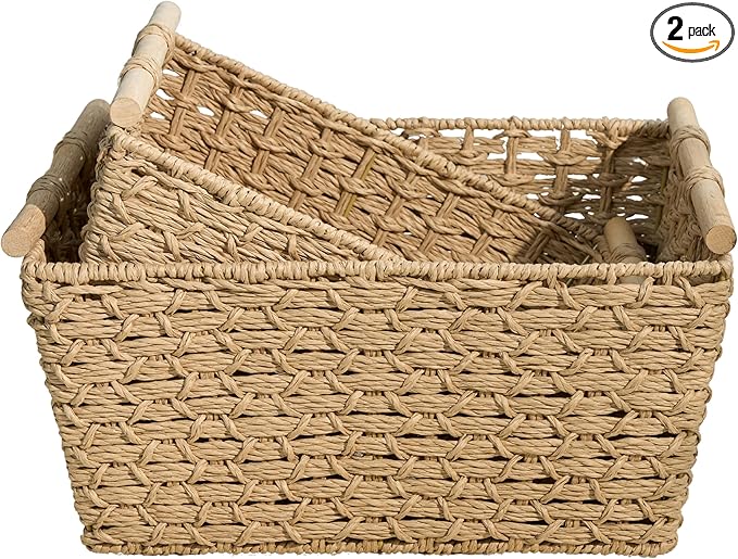 Isidore Paper Rope Woven Rectangular Multi-Use Baskets, 16.9" x 12.9" x 8.6", 14.5" x 11.8" x 5.5", Natural Brown