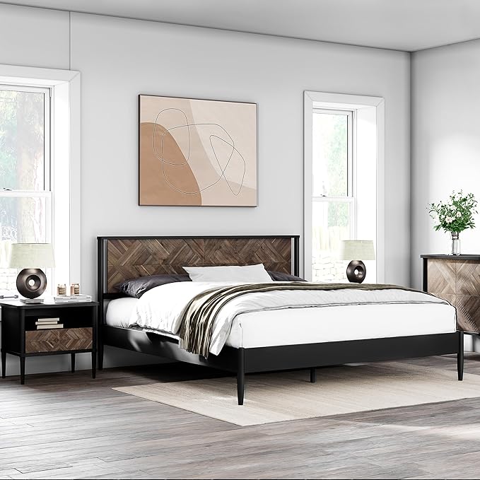 Lenia King Bed Frame with 2 Matching Nightstands – Modern Wood Platform Bed Set, Chevron Diamond Design, No Box Spring Needed, Slatted Support, Mocha Finish (Mocha Black, King)