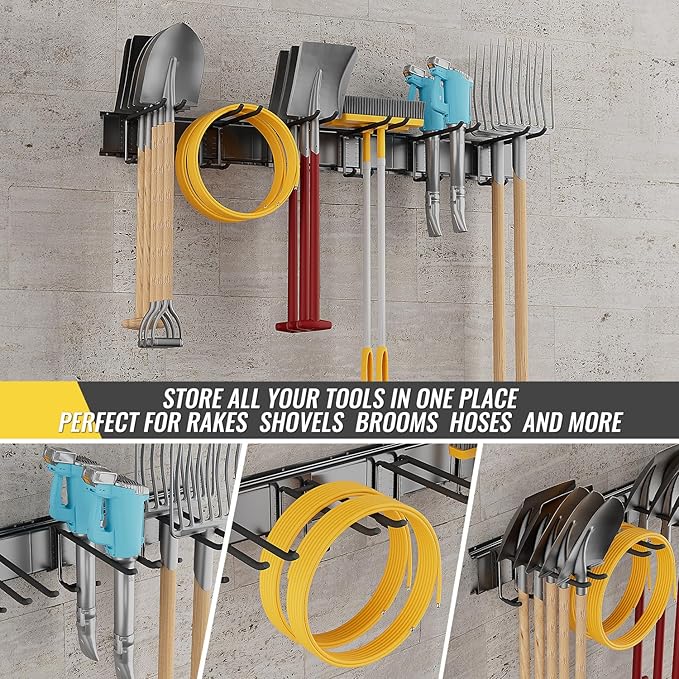 Garage Tool Rack Wall Mount – 64 inches Heavy-Duty Garden Tool Holder with 8 Adjustable Hanging Hooks – Garage Wall Storage Organizer for Shovel, Rake – Max Load 720 lbs (64 inch)