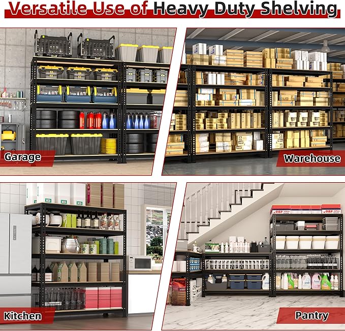 5-Shelf Heavy Duty Shelving - Adjustable Garage Storage Shelves, Metal Utility Storage Racks for Warehouse Pantry Basement Kitchen, Garage Organizers Shef Unit, Black, Packs of 4