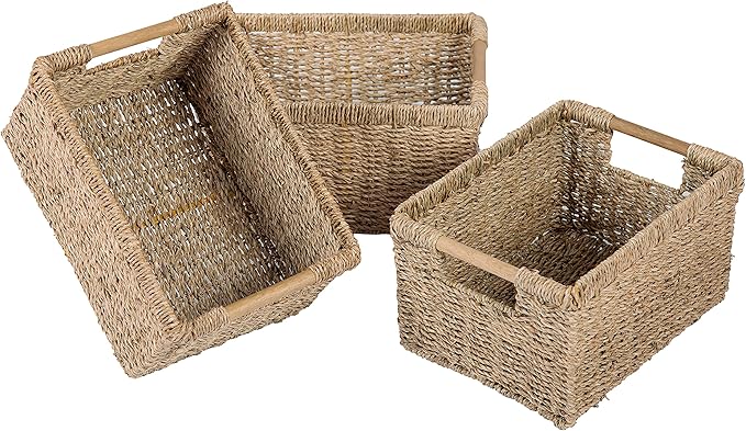 Natural Seagrass Basket with Wooden Handle, Medium Rectuangular Wicker Basket for Living Room 12.2 x 8.9 x 6.7 inches - 3 Pack