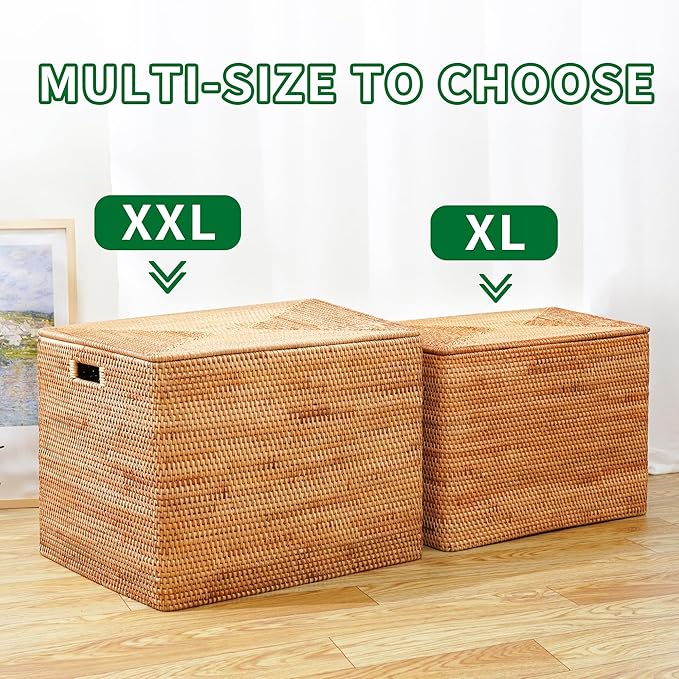 Rattan Basket With Lid, Large Lidded Basket For Storage Rattan Box(21.7" L×17.7"W×15.7"H)