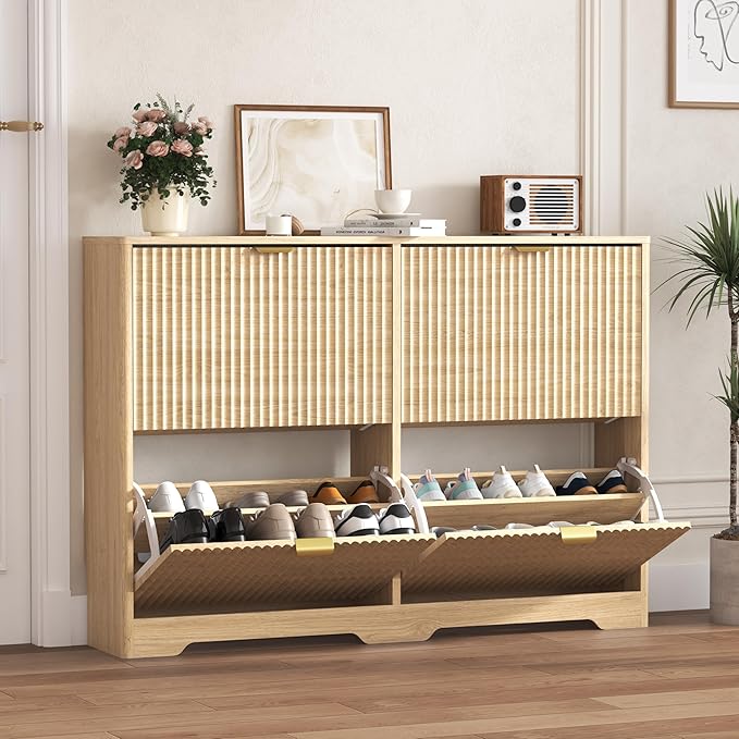 Shoe Cabinet Storage for Entryway with 4 Flip Drawers, Oak Fluted Shoe Cabinet with Adjustable Shelves, Wooden Hidden Shoes Rack Freestanding Narrow Slim Shoes Storage for Hallway, Entrance