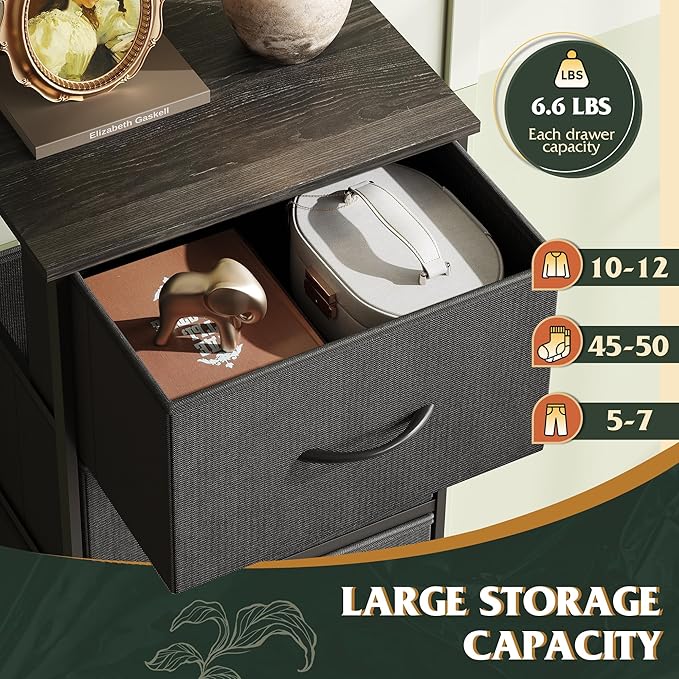 WLIVE Fabric Dresser, 5-Drawer Tall Dresser for Bedroom, Storage Organizer with Fabric Bins, Wood Top, Sturdy Steel Frame, Chest of Drawers for Closet, Hallway, Charcoal Black