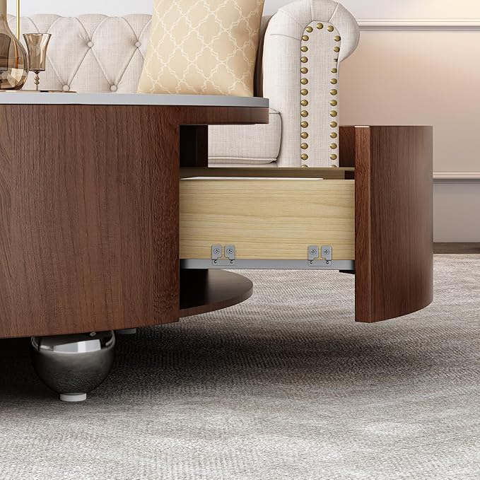 SSLine Modern Round Drum Coffee Table Luxury Sintered Stone Top Coffee Table with Storage Drawers,Walnut Wood Frame and Brushed Stainless Steel Legs,Marble Grain Center Table for Living Room