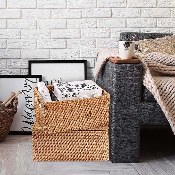 Rattan Basket With Lid, Large Lidded Basket For Storage(15.7" L×11.8"W×6.7"H)