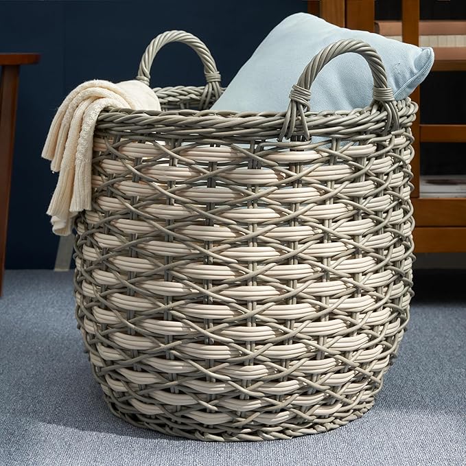 Isidore Round Water Hyacinth Seagrass Woven Basket with Handles (18" x 18" x 19.6" - White-Gray) - Ideal for Halloween, Thanksgiving, and Versatile Home Storage