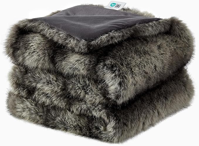 JONIYEAR High-end Premium Fuzzy Faux Wolf Fur Throw Blanket 50" x 60", Luxury Cozy Accent Thick Animal Skin Fluffy Fox Blanket for Couch Sofa, Soft Warm Gray Bear Furry Blankets for Winter, Black Grey