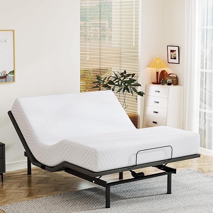 Queen Adjustable Bed Base Frame with Wireless Remote + 10 Inch Queen Green Tea Gel Memory Foam Mattress Bed in a Box, Head and Foot Incline, Zero Gravity, Fiberglass Free, 80" × 60"