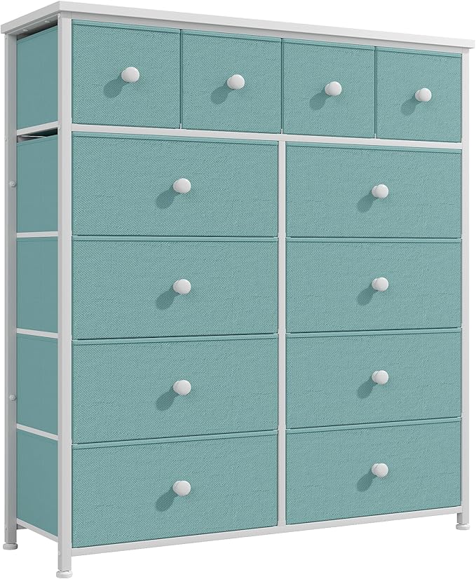 Dresser for Bedroom with 12 Drawers, Fabric Dressers & Chest of Drawers with Sturdy Metal Frame, Wood Top, for Woman, 40.6" W x 11.8" D x 44.5" H (Turquoise)