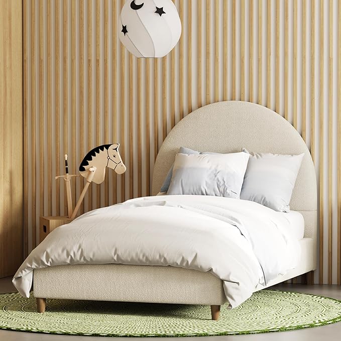 DG Casa Boucle Cloud Bed Frame with Arch Shaped Headboard, Upholstered in Soft Fabric, Platform Bed Frame with Solid Wood Legs - Boho or Modern Style - No Box Spring Needed - Twin Size