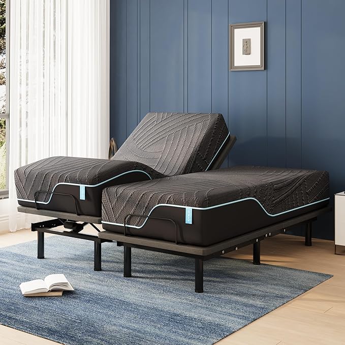 Split King Adjustable Bed Frame with 14 inch Cooling Copper Memory Foam Mattress, Wireless Remote & Head and Foot Incline, CertiPUR-US Certified & Fiberglass Free, Zero Gravity, 80" × 76"