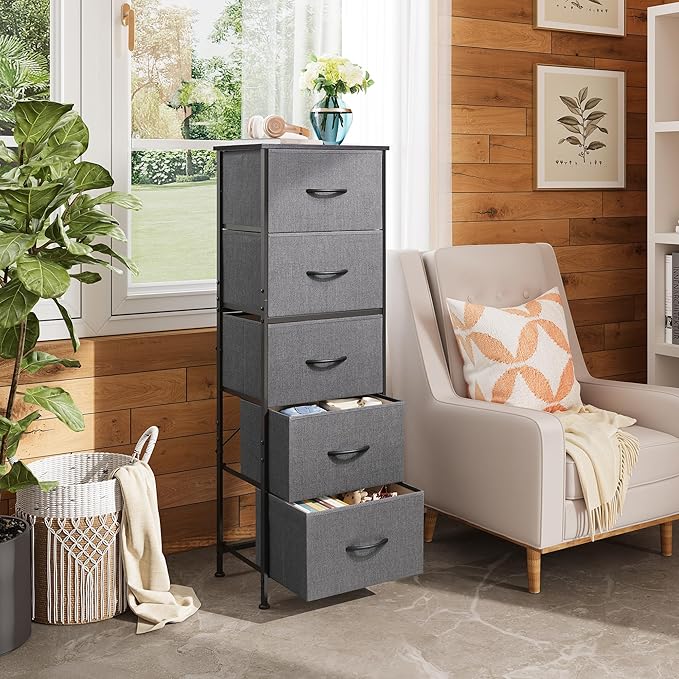 WLIVE Fabric Dresser, 5-Drawer Tall Dresser for Bedroom, Storage Dresser Organizer with Fabric Bins, Wood Top, Sturdy Steel Frame, Chest of Drawers for Closet, Hallway, Dark Grey