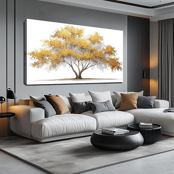 Tree Wall Art White Pictures Wall Decor Yellow Canvas Art for Living Room Bedroom Bathroom Office Large Modern Artwork 29"x 59"